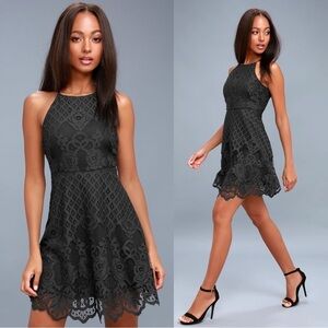 Black Swan • Charlotte Lace Skater Dress mini apron neck crochet Charcoal Grey